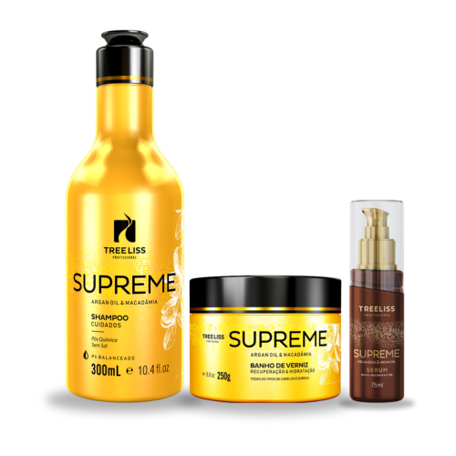 Kit Shampoo, máscara banho verniz e serum Supreme Treeliss